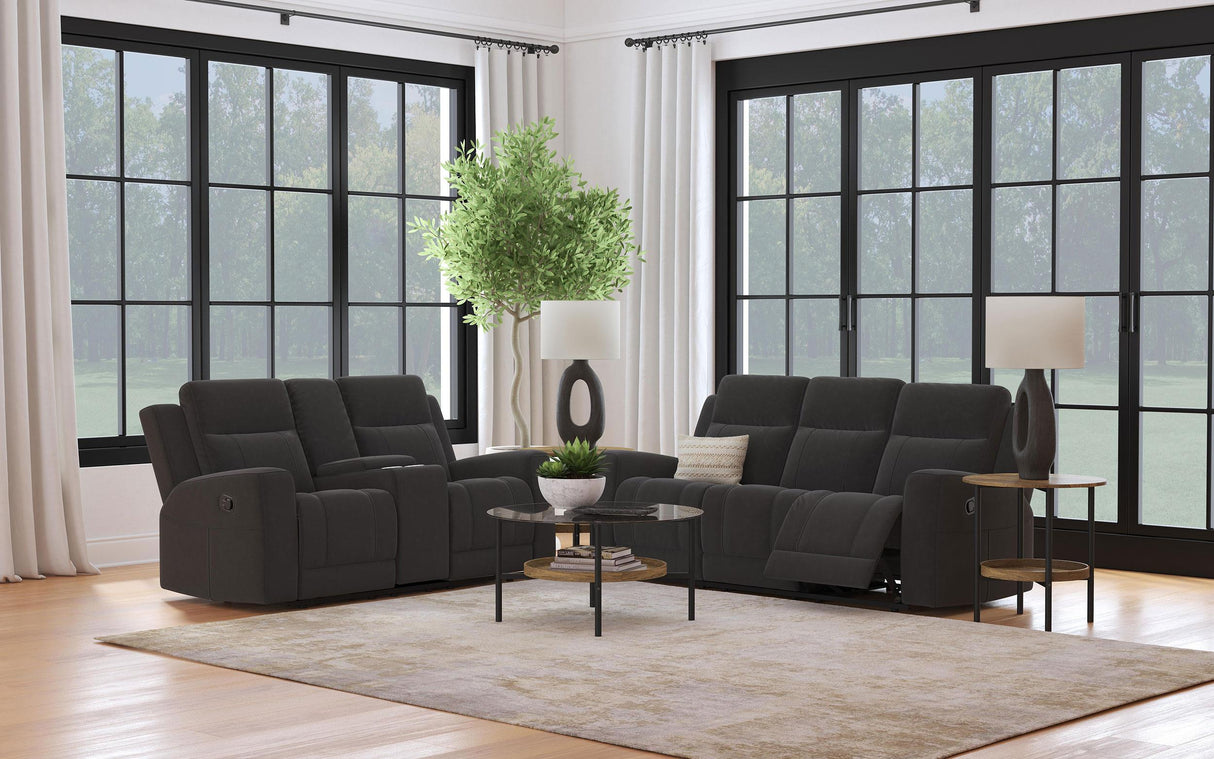 Brentwood Dark Charcoal 2-Piece Upholstered Motion Reclining Sofa Set from Coaster - Luna Furniture