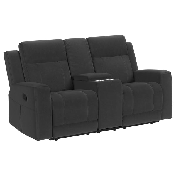 Brentwood Dark Charcoal Upholstered Motion Reclining Loveseat with Console