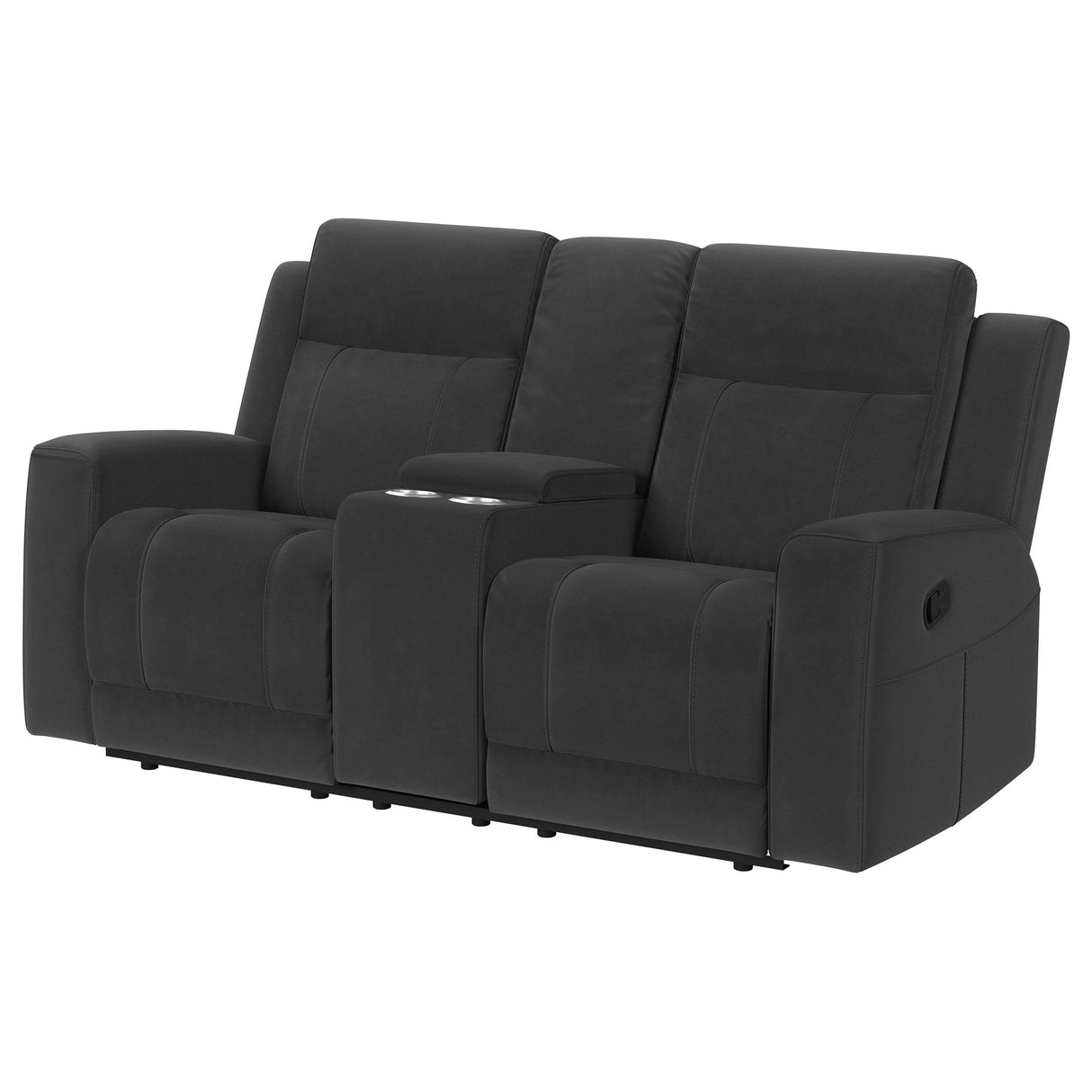 Brentwood Dark Charcoal Upholstered Motion Reclining Loveseat with Console from Coaster - Luna Furniture
