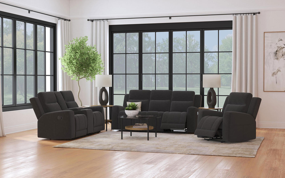 Brentwood Dark Charcoal Upholstered Motion Reclining Sofa from Coaster - Luna Furniture