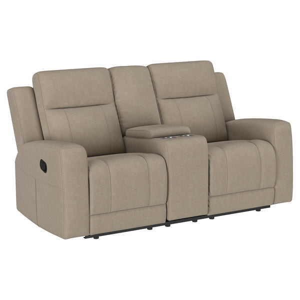 Brentwood Taupe Upholstered Motion Reclining Loveseat with Console