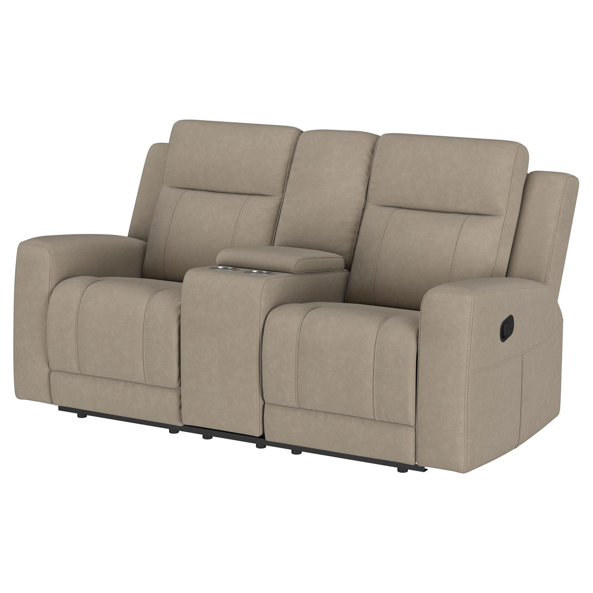 Brentwood Taupe Upholstered Motion Reclining Loveseat with Console from Coaster - Luna Furniture
