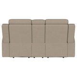 Brentwood Taupe Upholstered Motion Reclining Loveseat with Console from Coaster - Luna Furniture
