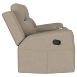 Brentwood Taupe Upholstered Motion Reclining Loveseat with Console from Coaster - Luna Furniture
