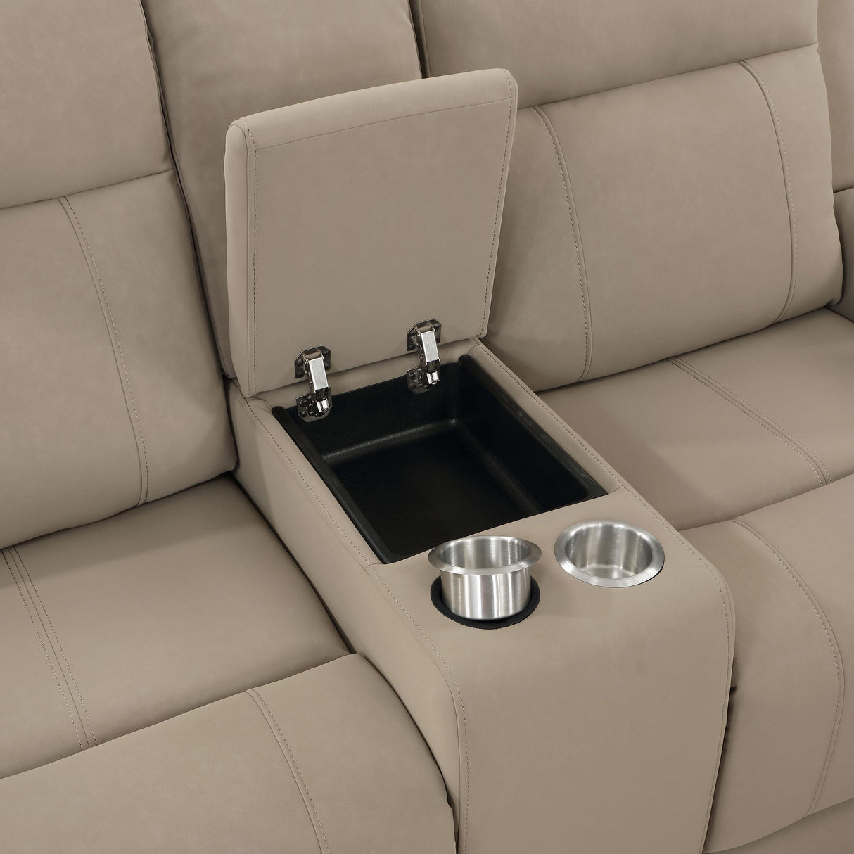 Brentwood Taupe Upholstered Motion Reclining Loveseat with Console from Coaster - Luna Furniture