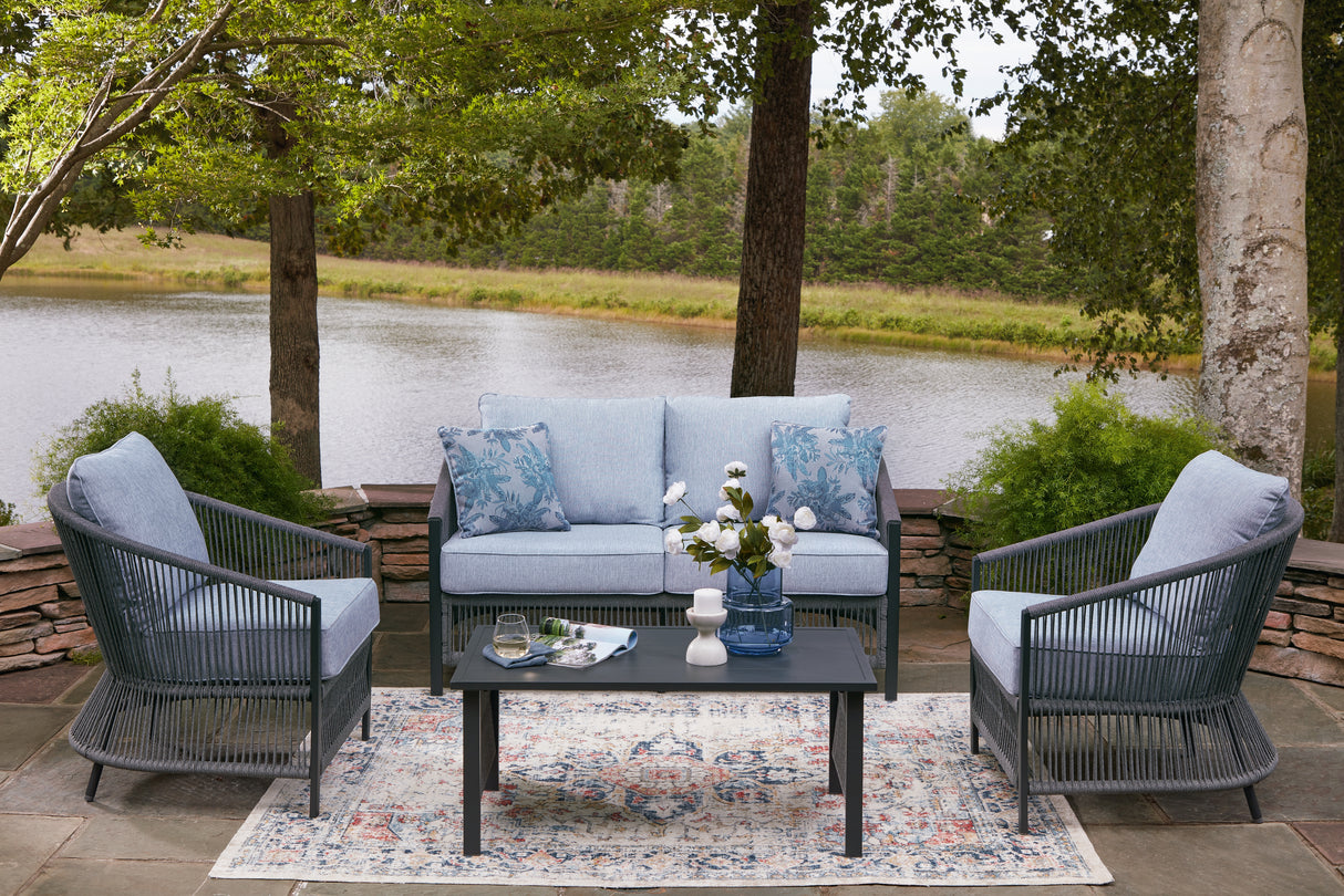 Bridges Beach Gray Outdoor Love/Chairs/Table Set (Set of 4) from Ashley - Luna Furniture