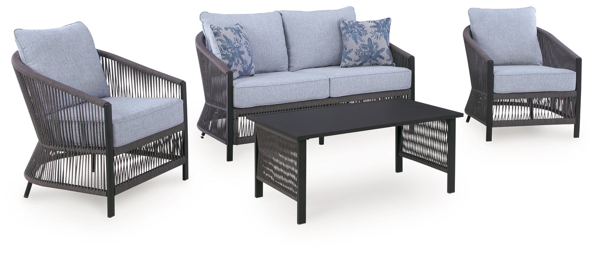 Bridges Beach Gray Outdoor Love/Chairs/Table Set (Set of 4) from Ashley - Luna Furniture