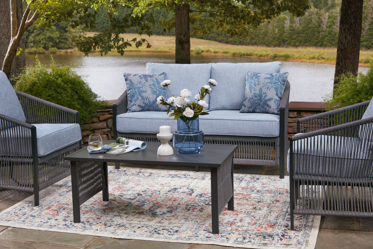 Bridges Beach Gray Outdoor Love/Chairs/Table Set (Set of 4) from Ashley - Luna Furniture