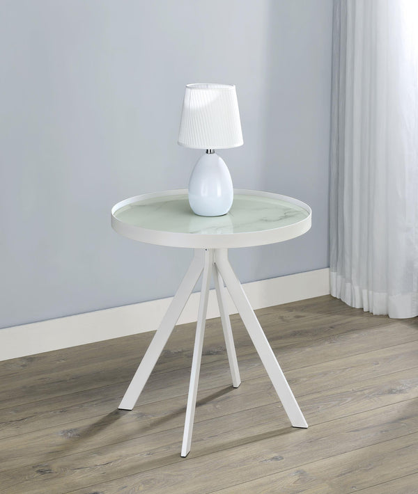 Briggs White Round Marble Printed Glass Top End Side Table