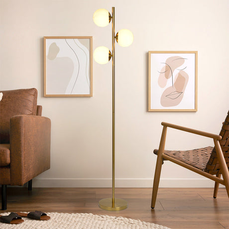 Brilliance Modern Gold Brush Floor Lamp, Opal Glass Shades and Round Metal Base from Midinmod - Luna Furniture
