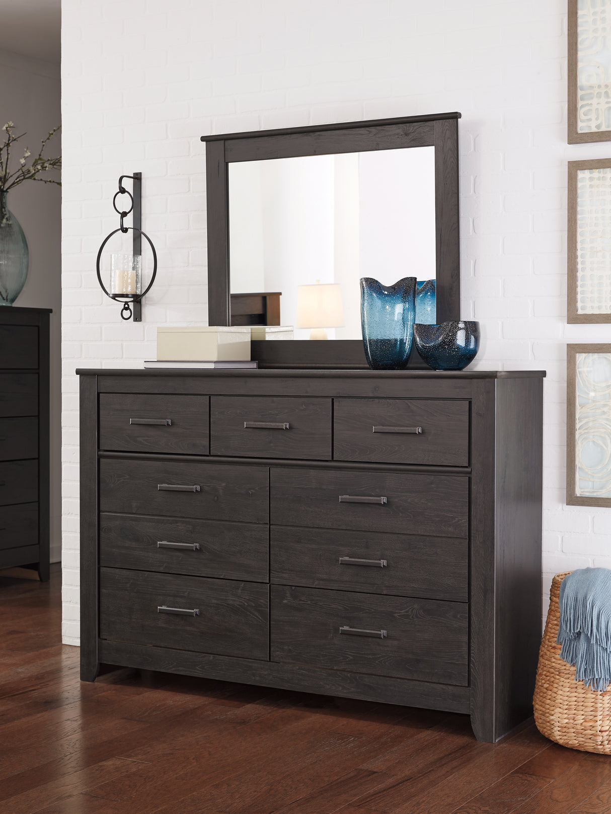 Brinxton Full Panel Bed with Mirrored Dresser and Chest in Charcoal from Ashley - Luna Furniture