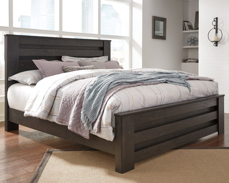 Brinxton King Panel Bed with Mirrored Dresser, Chest and 2 Nightstands in Charcoal from Ashley - Luna Furniture