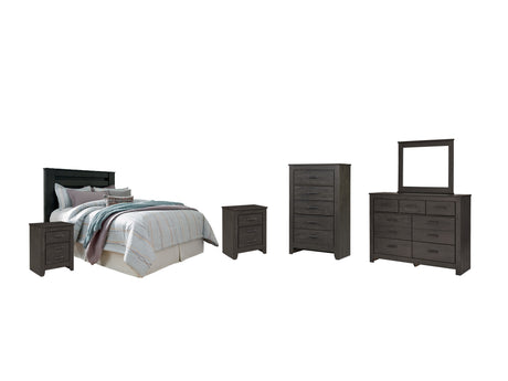 Brinxton Queen/Full Panel Headboard Bed with Mirrored Dresser, Chest and 2 Nightstands in Charcoal from Ashley - Luna Furniture