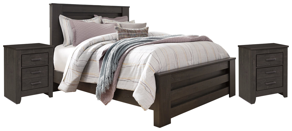 Brinxton Queen Panel Bed with 2 Nightstands in Charcoal from Ashley - Luna Furniture