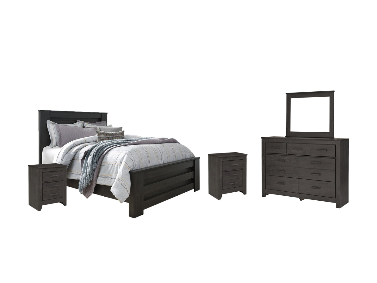 Brinxton Queen Panel Bed with Mirrored Dresser and 2 Nightstands in Charcoal from Ashley - Luna Furniture