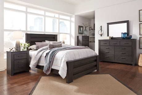 Brinxton Queen Panel Bed with Mirrored Dresser and Chest in Charcoal from Ashley - Luna Furniture