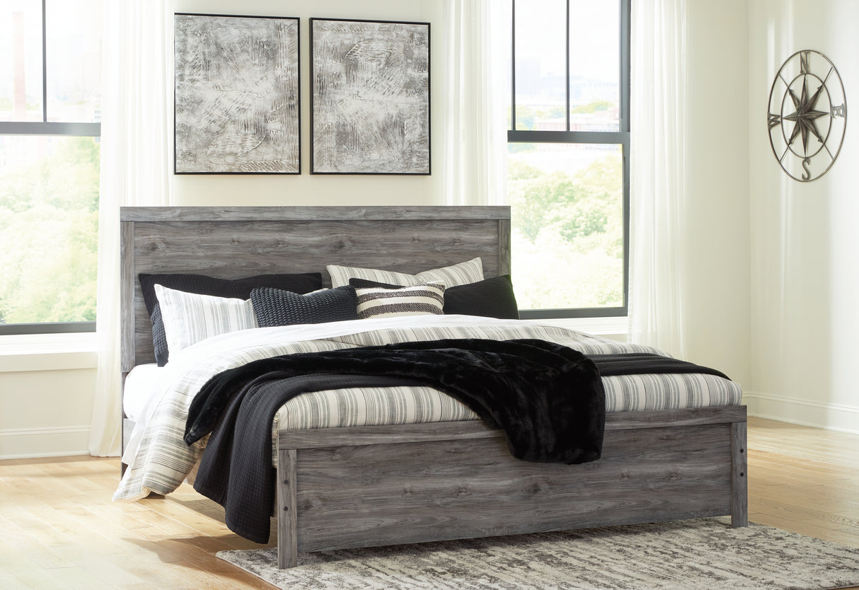 Bronyan King Panel Bed with Mirrored Dresser, Chest and 2 Nightstands in Dark Gray from Ashley Furniture - Luna Furniture