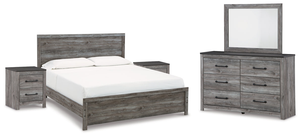 Bronyan King Panel Bed with Mirrored Dresser and 2 Nightstands in Dark Gray from Ashley - Luna Furniture