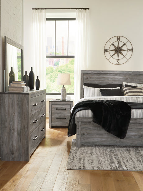 Bronyan King Panel Bed with Mirrored Dresser and 2 Nightstands in Dark Gray from Ashley - Luna Furniture