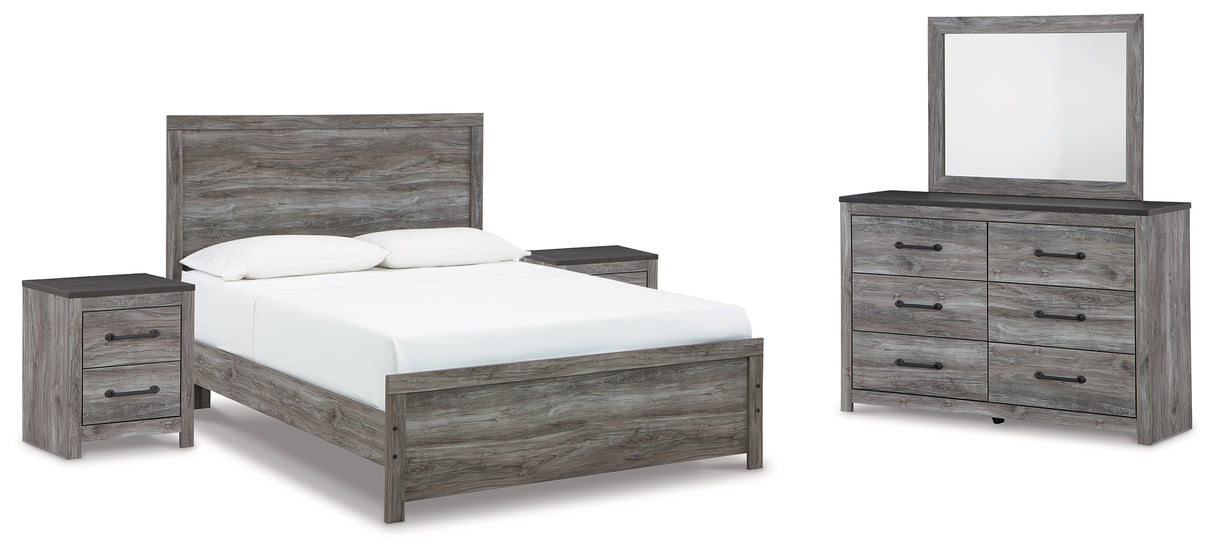 Bronyan Queen Panel Bed with Mirrored Dresser and 2 Nightstands in Dark Gray from Ashley - Luna Furniture