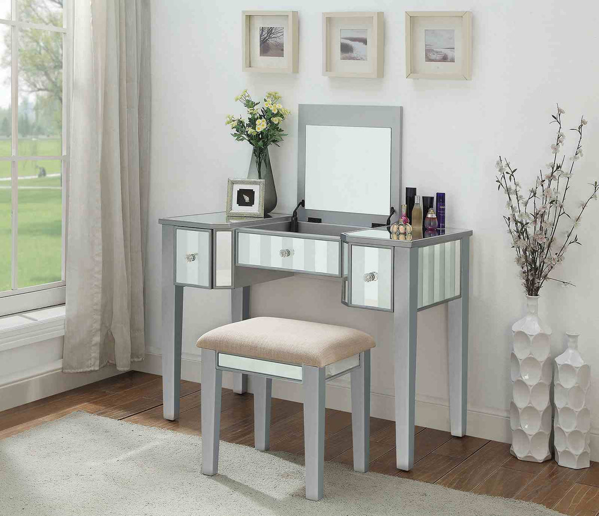 Joyce Silver Vanity w/ Stool from Furniture of America - Luna Furniture