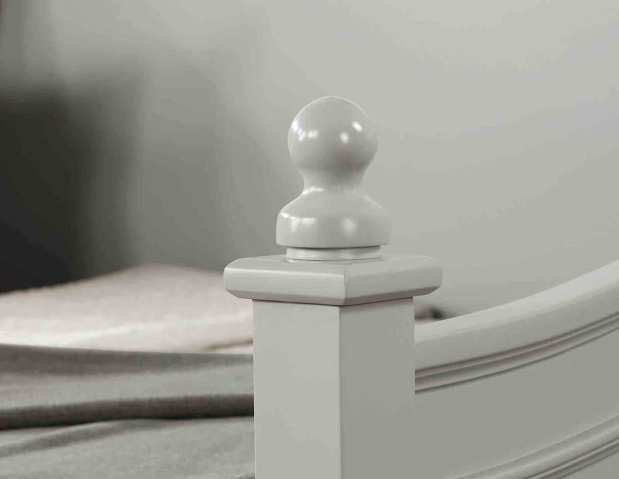 Lycoris Light Gray Daybed finial detail, glossy turned post top, close-up