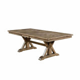 Julia Light dining table, light oak trestle base, white background three-quarter view