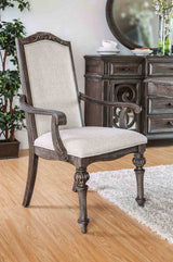 Arcadia Rustic upholstered dining chair, ivory fabric seat and carved wood frame, front view