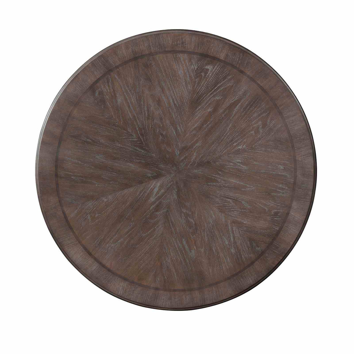 Arcadia Rustic round dining table, top-down view with radial wood inlay pattern