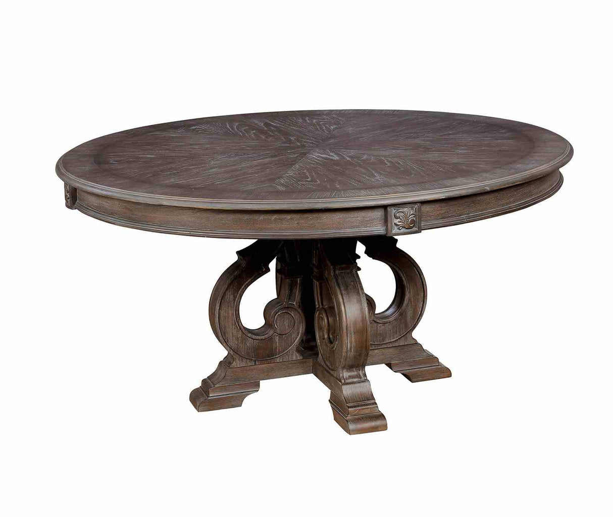 Arcadia Rustic round dining table, wood inlay top and carved pedestal base, white background