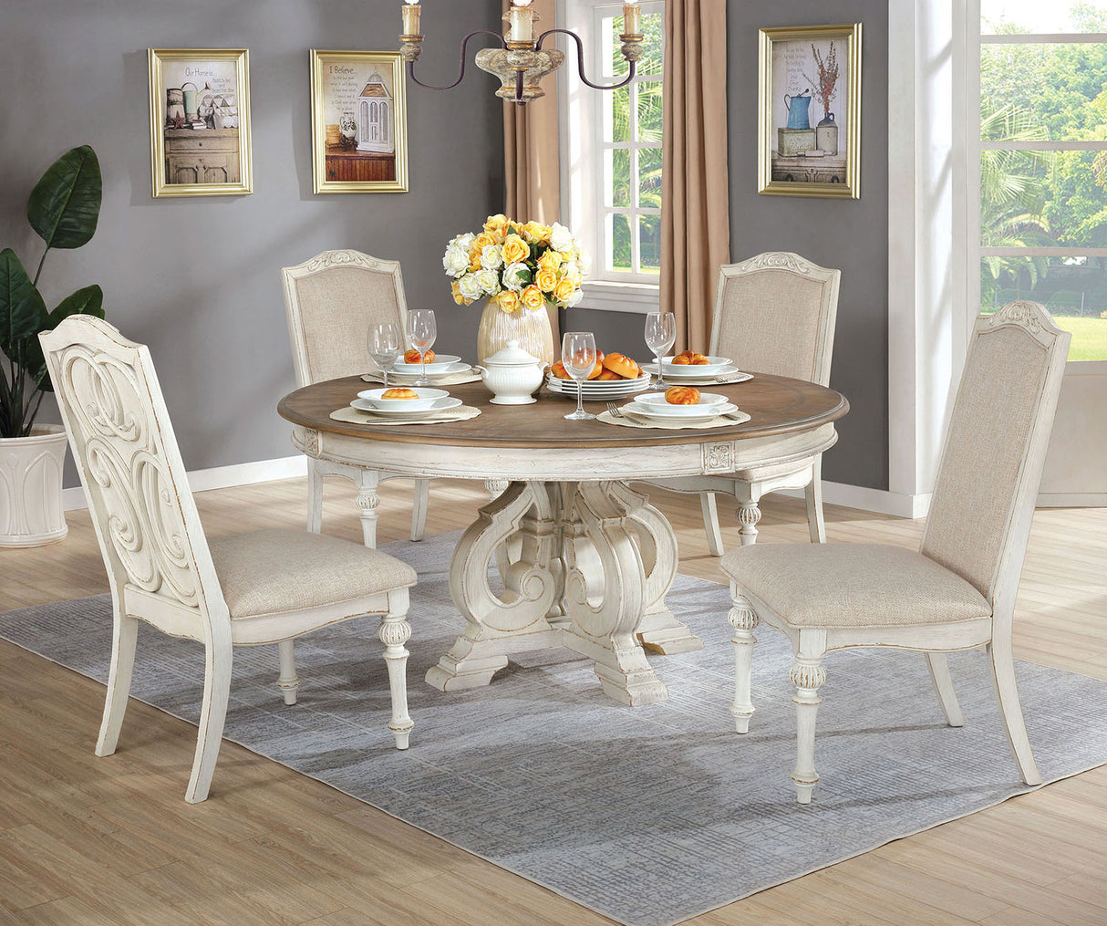 Arcadia Antique White/Ivory 5 Pc Round Dining Table Set from Furniture of America - Luna Furniture