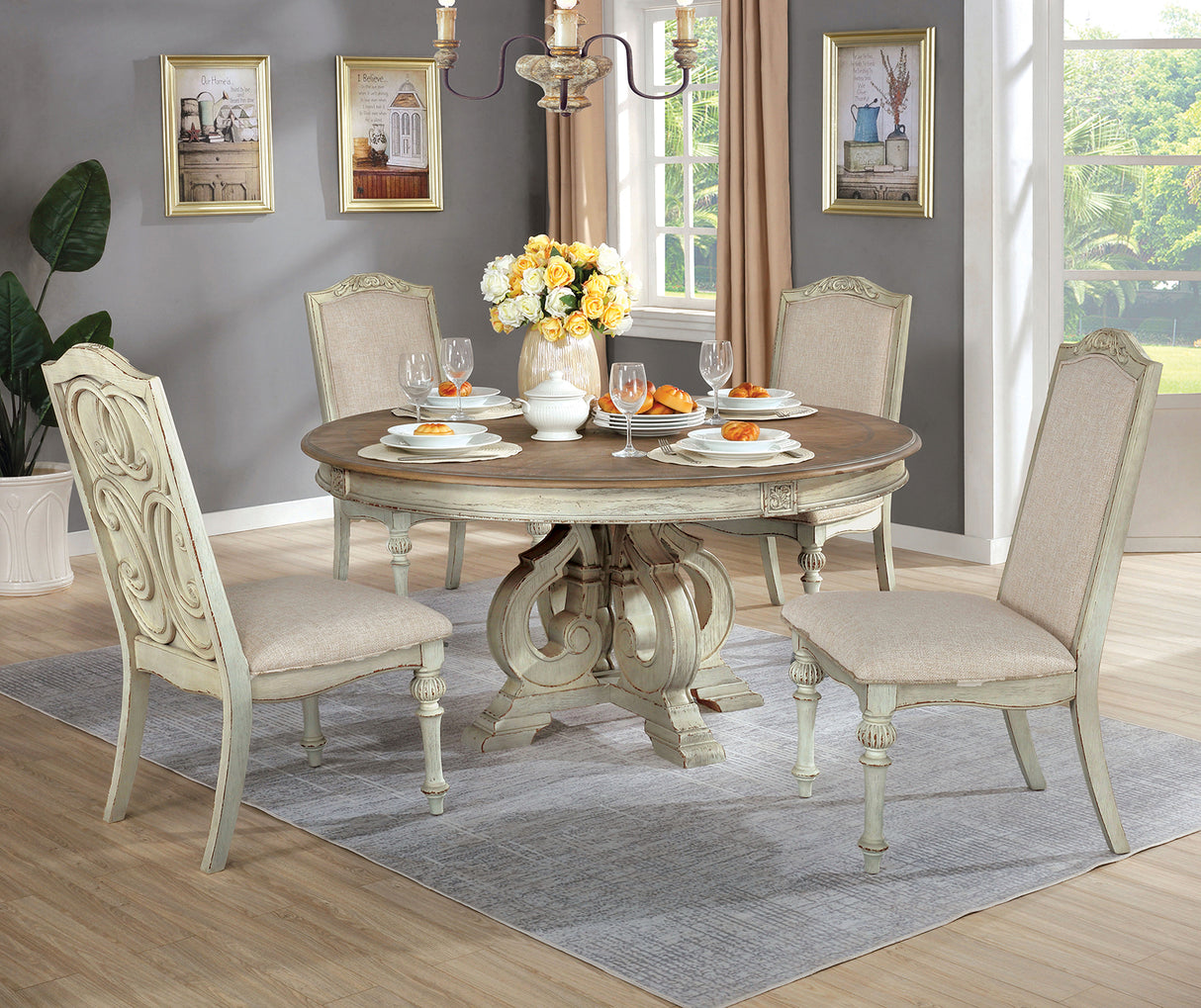 Arcadia Antique White/Ivory 5-Piece Round Dining Table Set from Furniture of America - Luna Furniture
