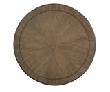 Arcadia Antique round dining table, wood grain top with circular border inlay, top view