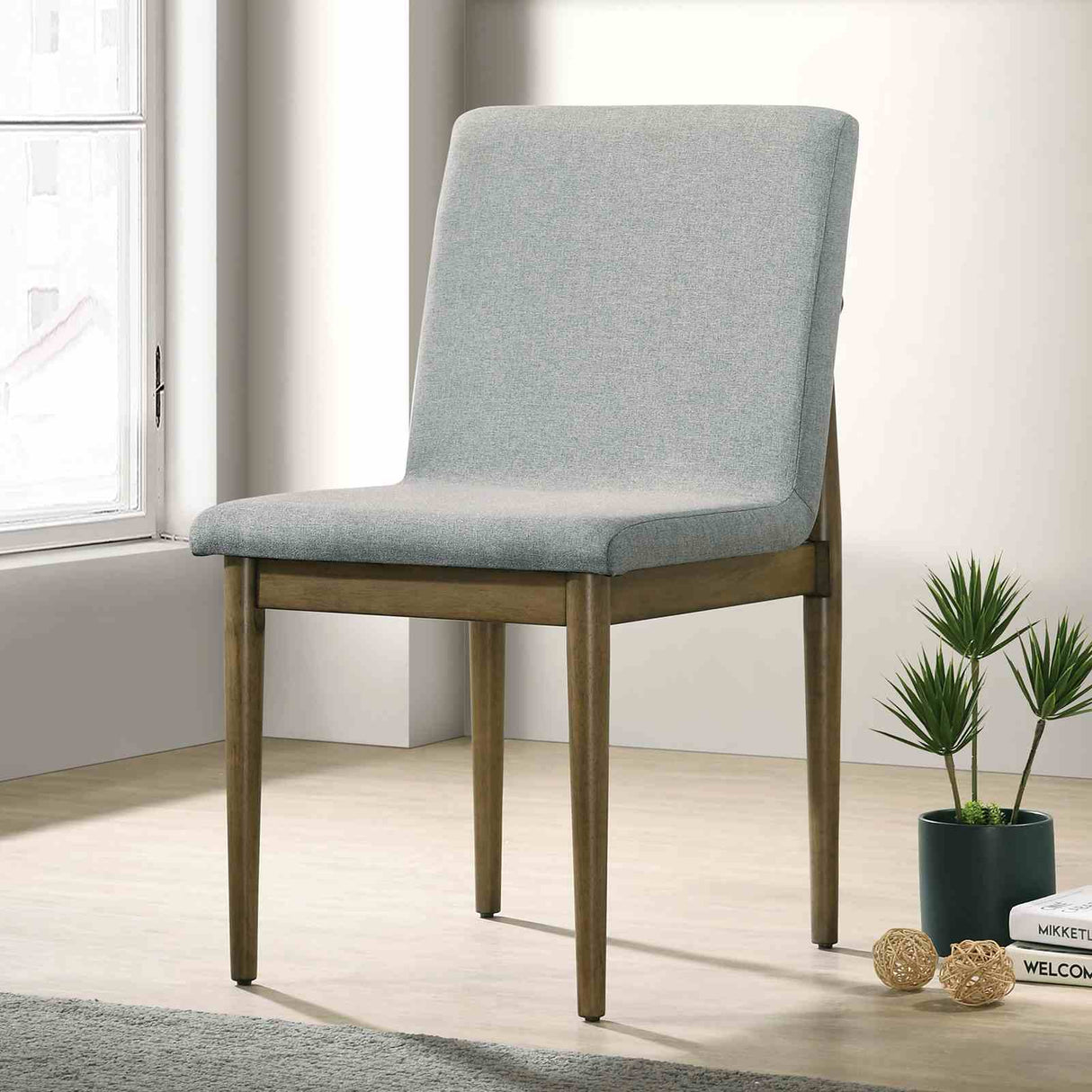 St Gallen dining chair, light gray upholstered back and seat, natural wood frame, front view