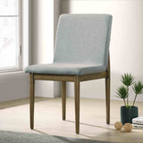 St Gallen dining chair, light gray upholstered back and seat, natural wood frame, front view