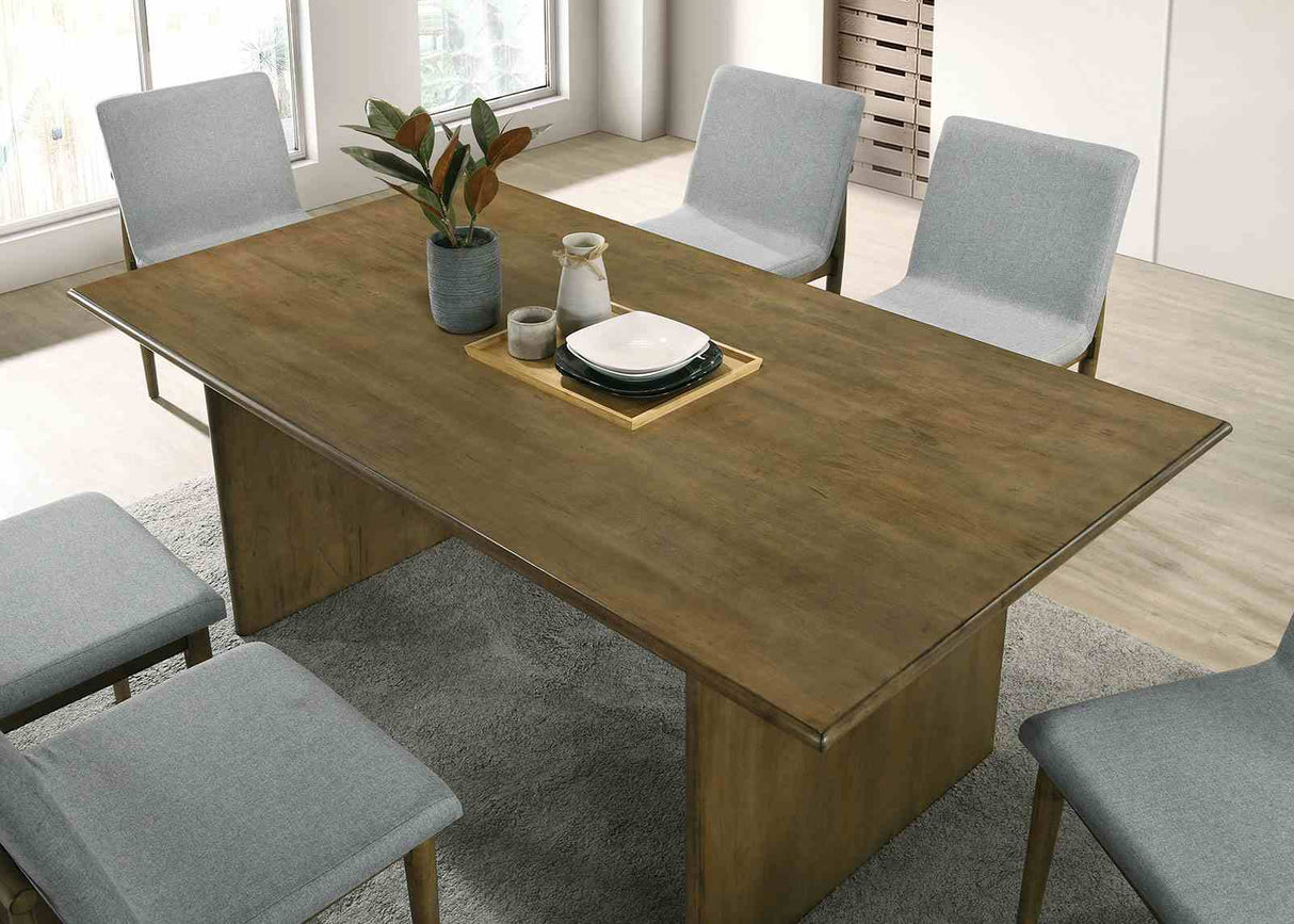 St Gallen dining table, natural wood finish, rectangular top, side view of pedestal base