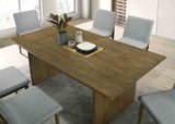 St Gallen dining table, natural wood finish, rectangular top, side view of pedestal base