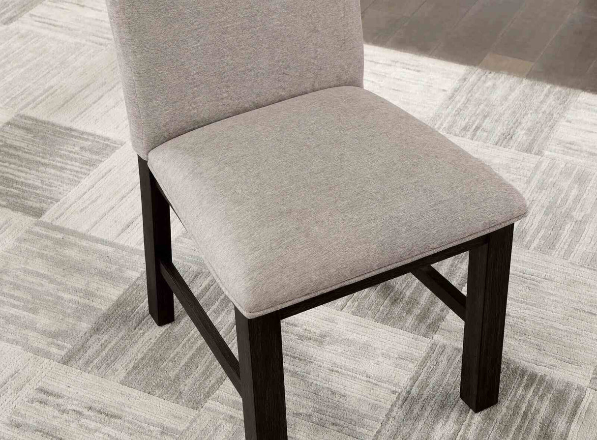 Umbria Antique side chair, gray upholstered seat, close-up front angle