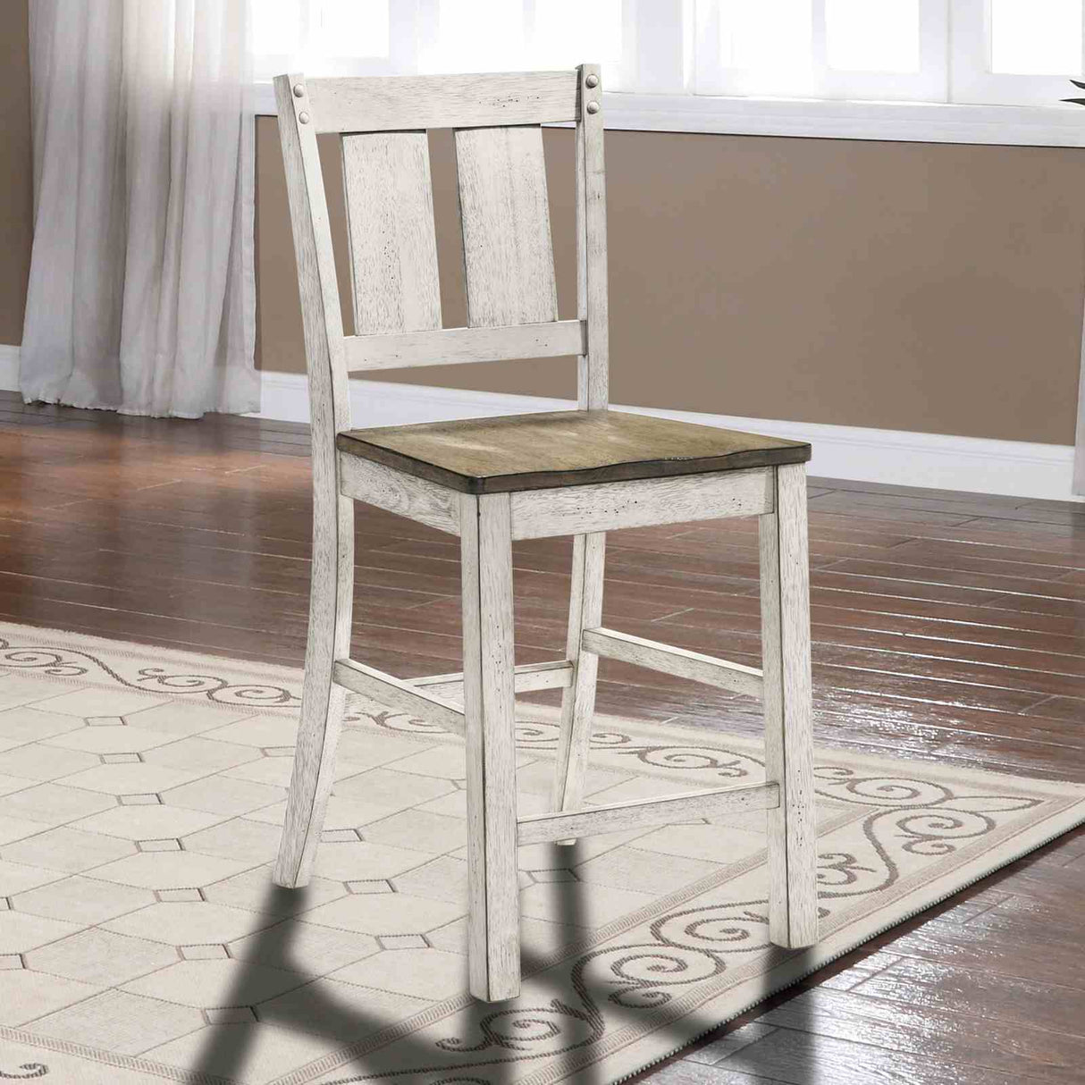 Dakota Antique counter height chair, slat back and wooden seat, three-quarter view