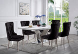 Valdevers Chrome 7-Piece Dining Table Set, white marble-look top and black tufted chairs, front view