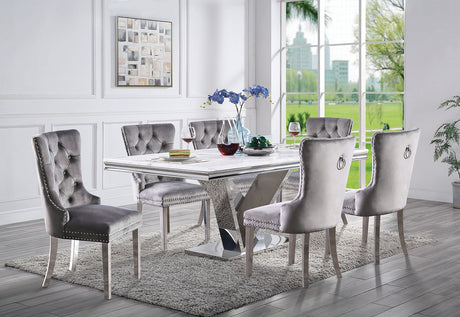 Valdevers Chrome 7-Piece Glam Stainless Steel Dining Room Set (Table & 6 Chairs) from Furniture of America - Luna Furniture