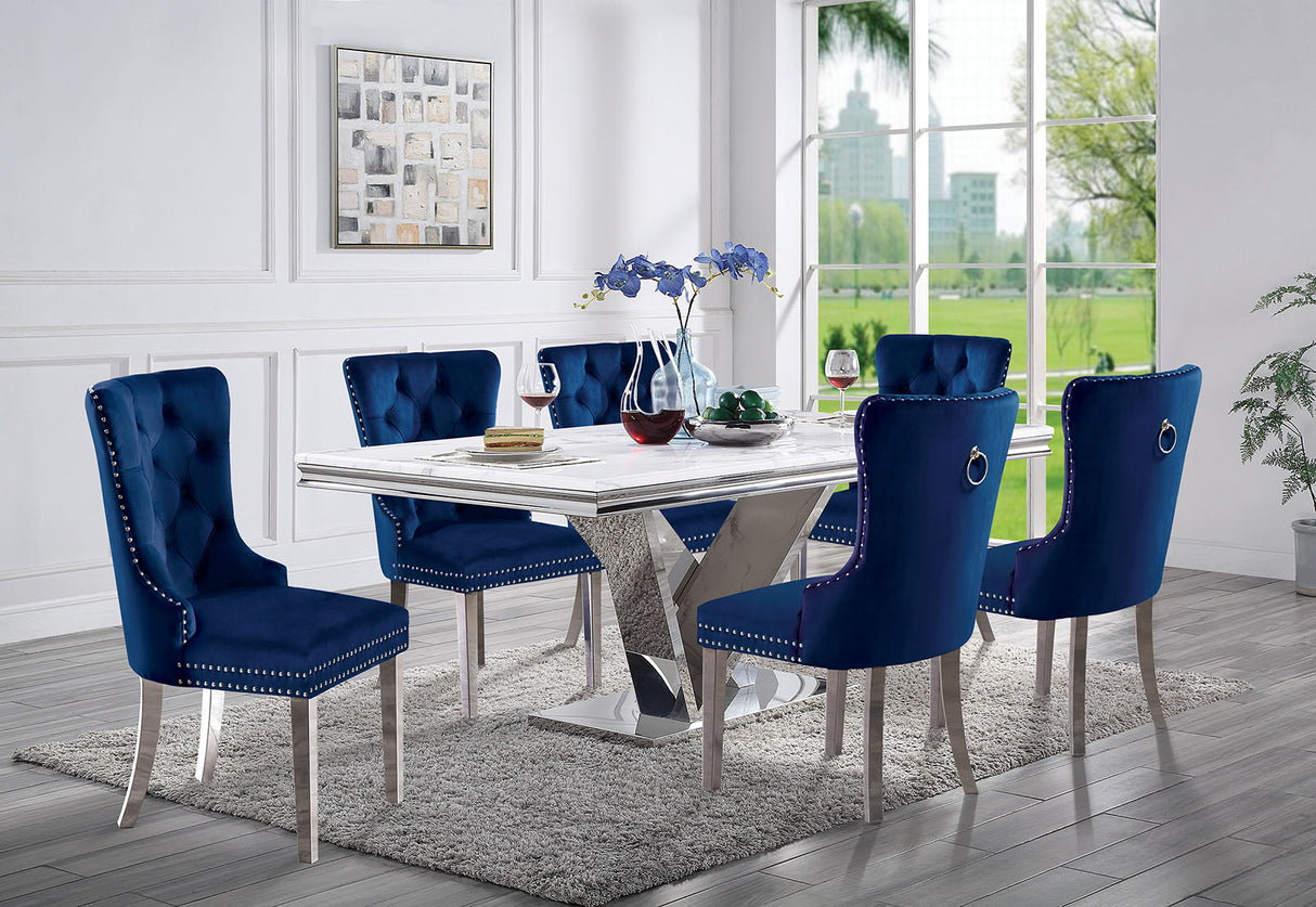 Valdevers Chrome/Navy 7-Piece Glam Dining Room Set (Table & 6 Chairs) from Furniture of America - Luna Furniture