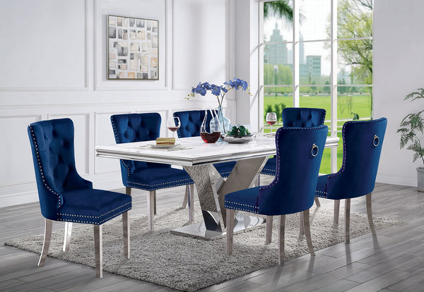Valdevers Chrome/Navy 7-Piece Glam Dining Room Set (Table & 6 Chairs)