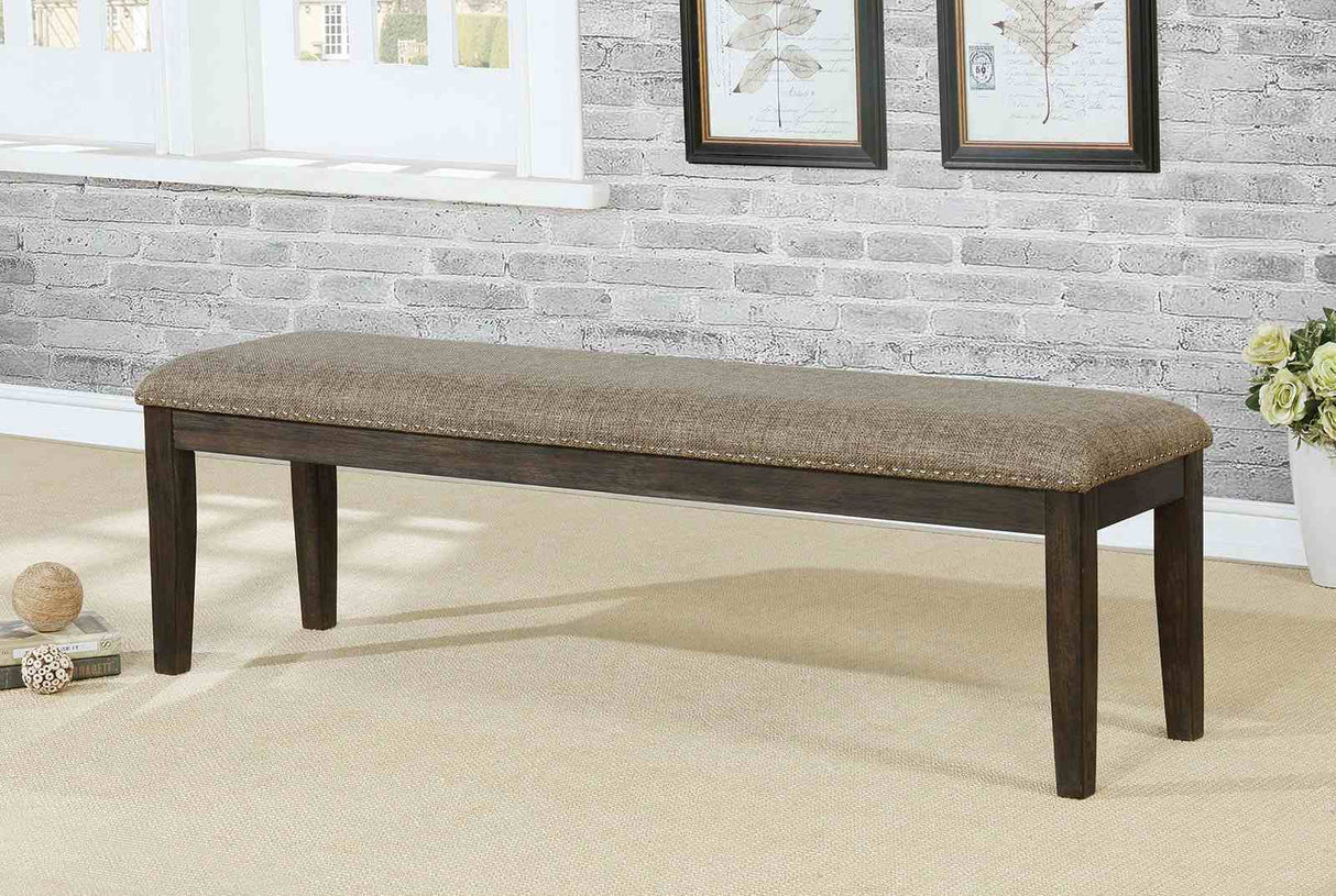 Faulk upholstered bench, warm gray seat, dark wood legs, lifestyle view