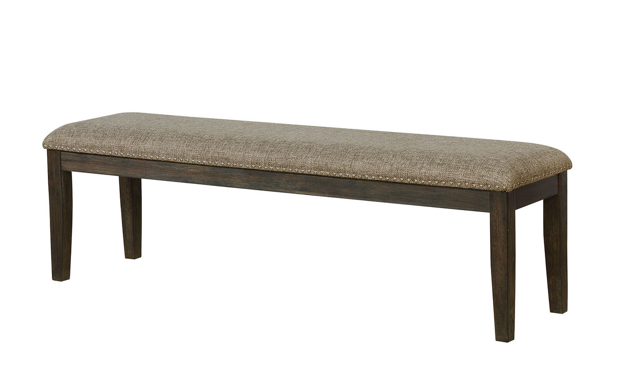 Faulk upholstered bench, warm gray seat, dark wood frame, front view