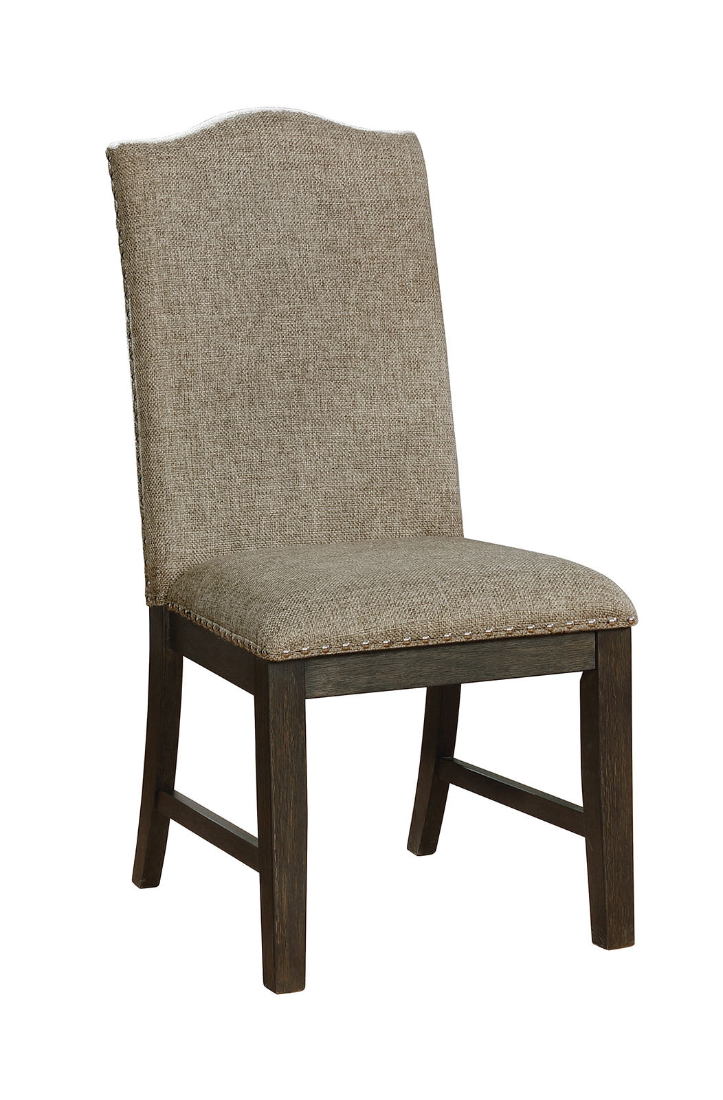 Faulk dining chair, warm gray upholstery and dark wood frame, front view
