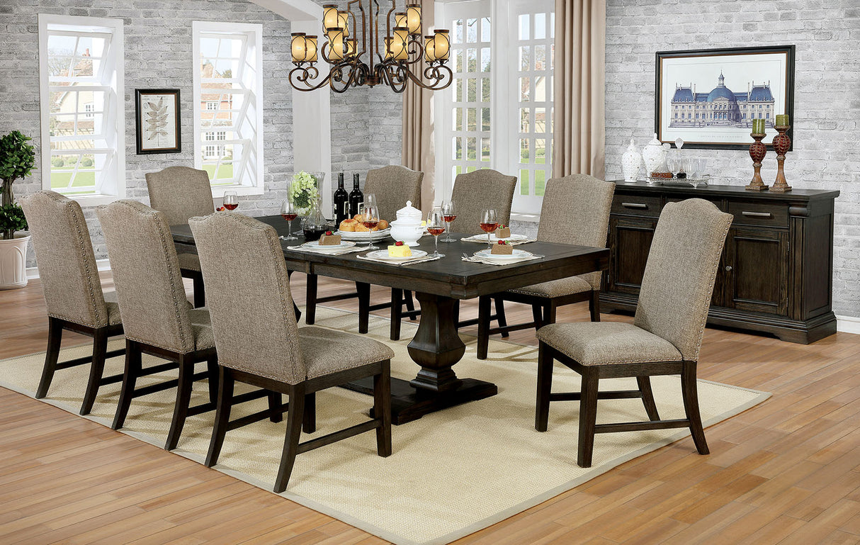 Faulk 6-piece dining set, espresso table and warm gray chairs, full room view