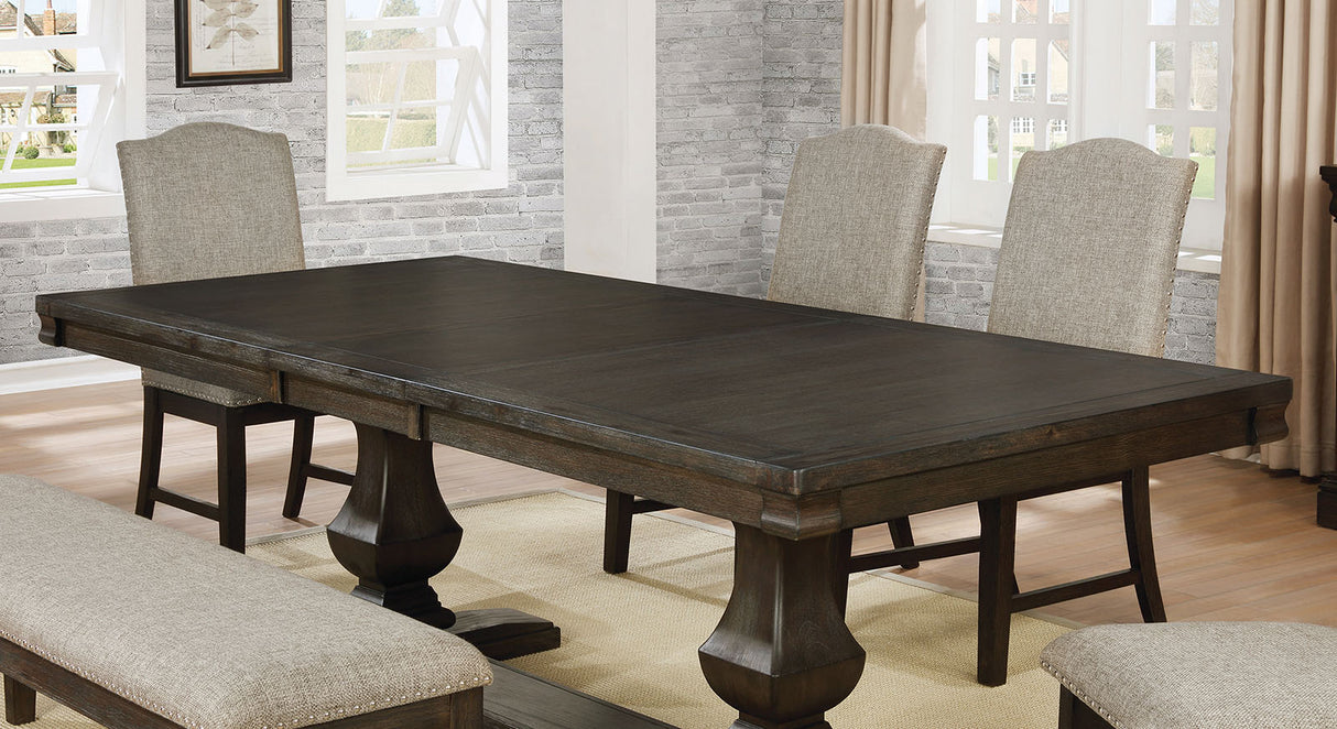 Faulk dining set with bench and chairs, espresso table, warm gray upholstery, lifestyle view