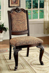 Bellagio Brown upholstered dining chair, patterned fabric back and seat, carved wood frame