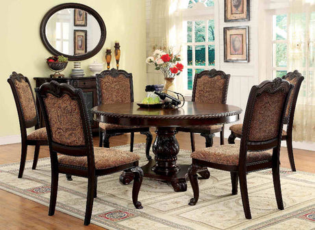 Bellagio Brown dining set with server and mirror, round table and patterned chairs, traditional staging
